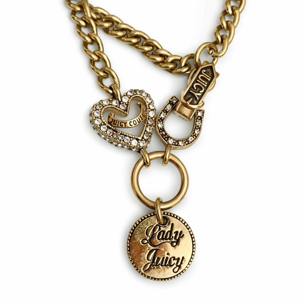 Juicy Couture Gold Tone Chunky Charm Necklace Rhinestone Y2K Lady Juicy